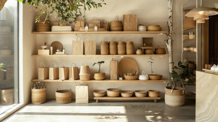 A stylish boutique with paper shopping bags displayed on a vintage shelving unit, creating a natural and artisanal vibe