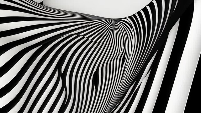 Black and White Geometric Pattern with 3D Curves and Optical Illusions