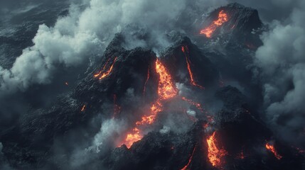 Aerial view of volcanic lava field with contrasting textures