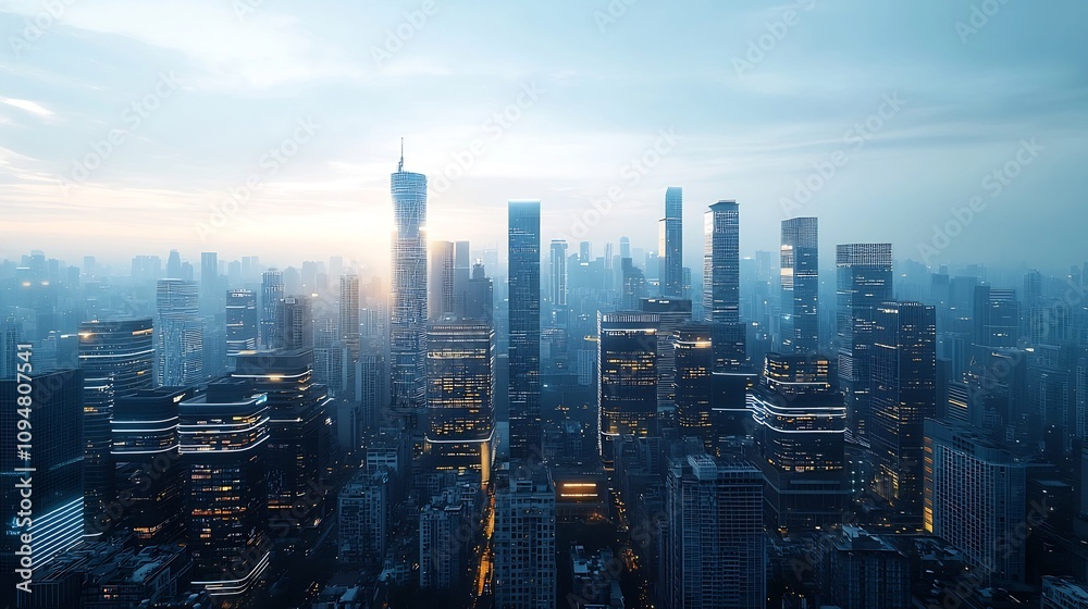 Poster Digitalized cityscape with futuristic energy efficient buildings adorned by abstract circuit style lighting and active digital light nodes showcasing a vision of a sustainable high tech urban future