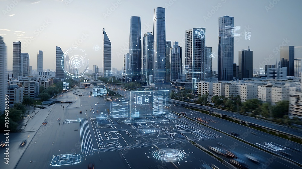 Poster aerial view of a futuristic city showcasing advanced sustainable buildings with interconnected digit