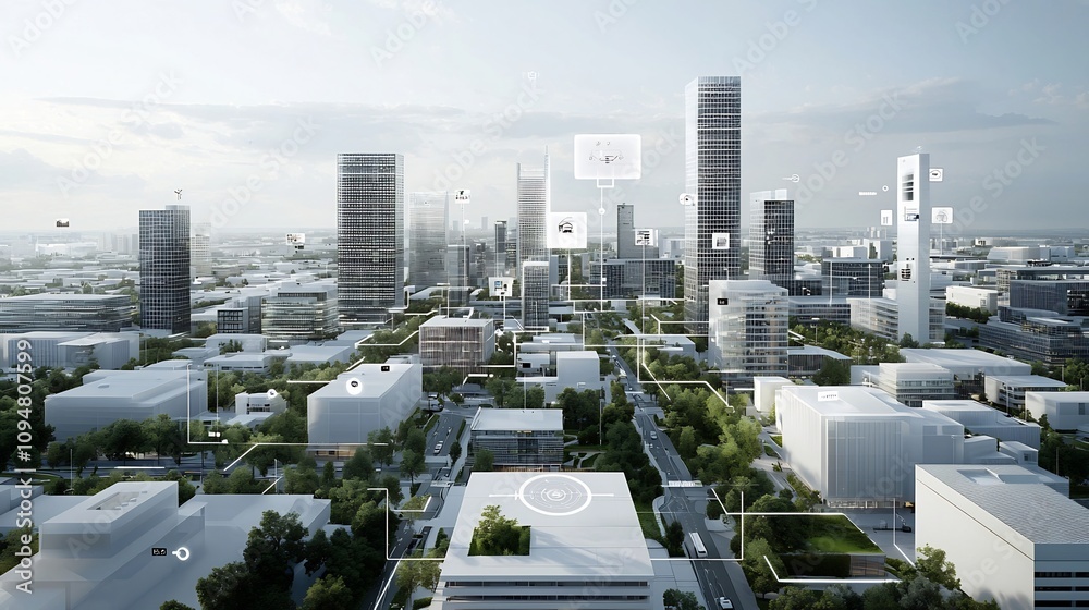 Poster Futuristic urban planning vision showcasing advanced sustainable buildings digital circuit lighting and interconnected light nodes creating a modern innovative and eco friendly cityscape