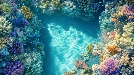 Fototapeta premium Aerial view vibrant coral reef ecosystem fish sunlight immersive