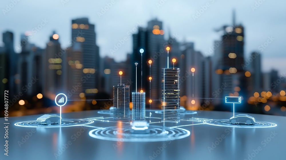 Poster Futuristic high tech urban cityscape featuring a network of distributed digital nodes self driving cars glowing roadways