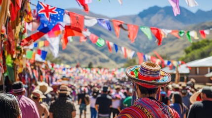 Traditional dancers in colorful clothing engage festivalgoers amidst fluttering flags and joy