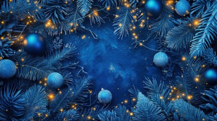 Blue ornaments and twinkling lights hang delicately among lush green foliage, enhancing a cheerful holiday spirit in a cozy setting.