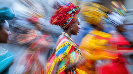 Colorful dancers in traditional garments move energetically to the rhythm of festive music