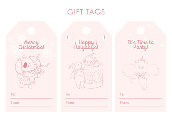Obraz premium Animal doodle gift tags. Isolated badges with cute kawaii, celebrate holiday party.