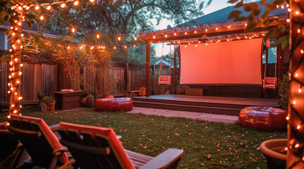 A suburban backyard during day time, specially designed with red fairy lights, specially designed swings, an inflatable screen and temporary outdoor movie theater set up.