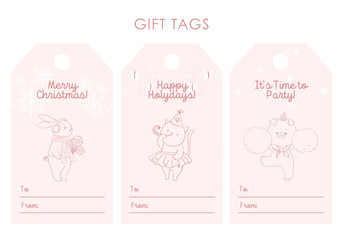 Animal doodle gift tags. Isolated badges with cute kawaii, celebrate holiday party.