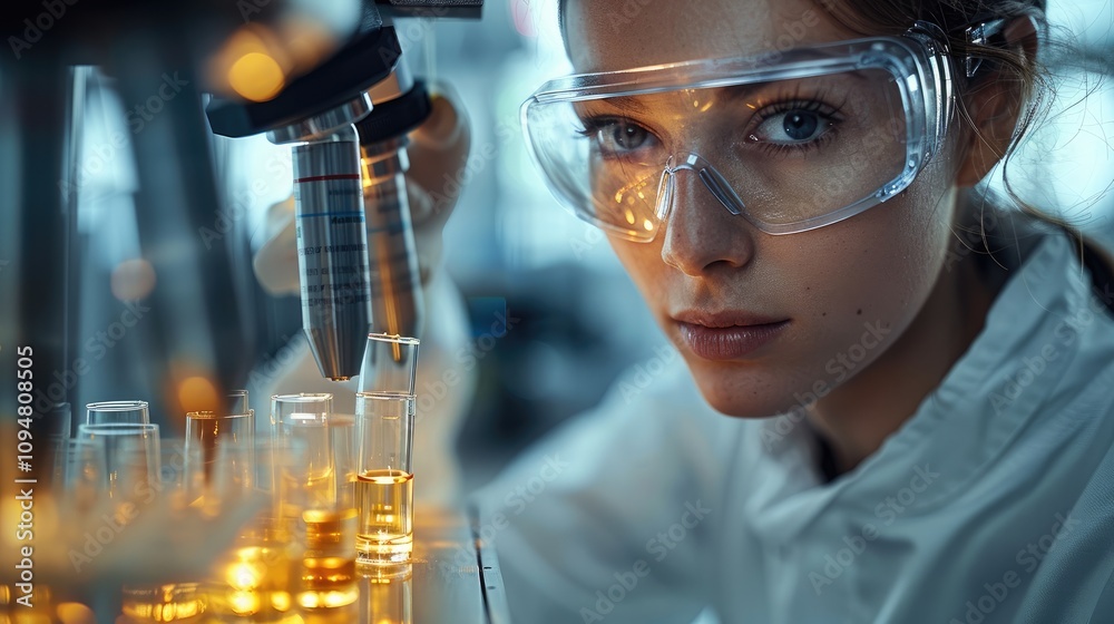 Aufkleber a robotic arm delicately holding a test tube, with a researcher in the background wearing safety gog