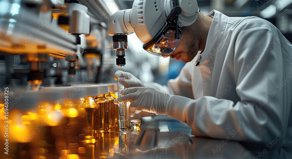 Aufkleber a robotic arm delicately holding a test tube, with a researcher in the background wearing safety gog