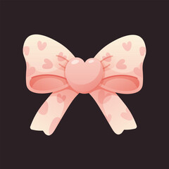 White holiday bow with hearts pattern. Decorative ribbon for Valentines Day. Vector isolated