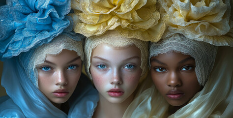 Obraz premium Three models with elaborate flower headpieces create a striking visual with their colorful textures against a soft backdrop