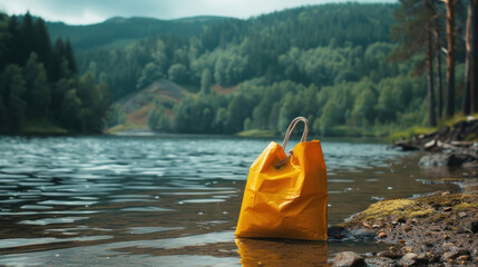 A waterproof shopping bag resting by a lakeside, showcasing durability for outdoor adventures