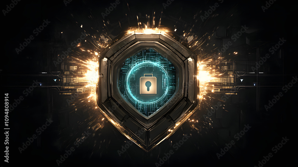 Poster digital illustration of cybersecurity and data centre protection. shield icon with a padlock symbol 