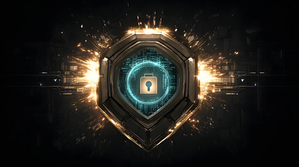 digital illustration of cybersecurity and data centre protection. Shield icon with a padlock symbol neon lights. Science technology server room circuit abstract business finance cyber security hacker