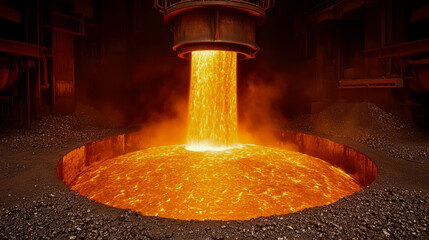 Bright molten metal streams from a furnace into a large casting mold, illuminating the dark industrial environment during evening hours