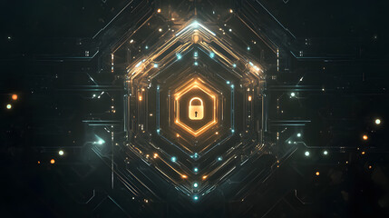 digital illustration of cybersecurity and data centre protection. Shield icon with a padlock symbol neon lights. Science technology server room circuit abstract business finance cyber security hacker