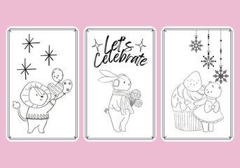 Animal doodle gift tags. Isolated badges with cute kawaii, celebrate holiday party.