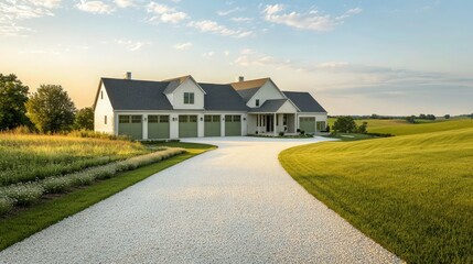 Fototapeta premium A modern farmhouse with a long driveway stands amidst expansive green fields under a clear blue sky and warm golden sunset, perfect for real estate advertising.