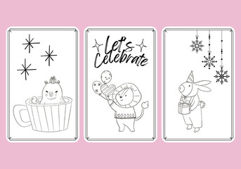 Animal doodle gift tags. Isolated badges with cute kawaii, celebrate holiday party.