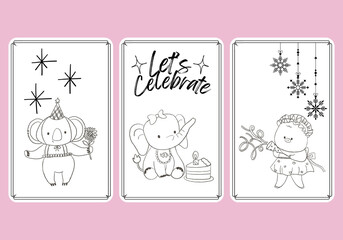 Animal doodle gift tags. Isolated badges with cute kawaii, celebrate holiday party.