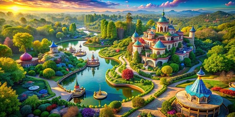 Obraz premium Aerial View of a Colorful Fantasy Land Featuring Whimsical Architecture and Lush Landscapes, Perfect for Invoking Imagination and Adventure in a Vibrant Setting