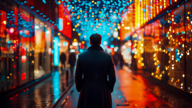 Colorful lights illuminate a city street in the evening as a silhouette of a person stands, appreciating the vibrant holiday decorations around them