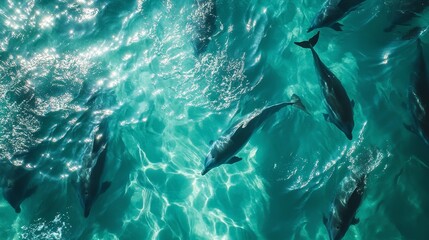 Naklejka premium School of dolphins swimming in turquoise waters from above