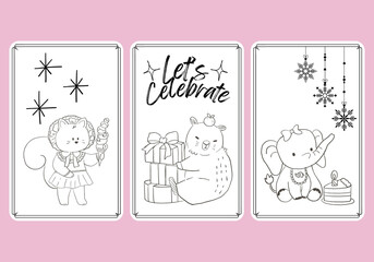 Animal doodle gift tags. Isolated badges with cute kawaii, celebrate holiday party.