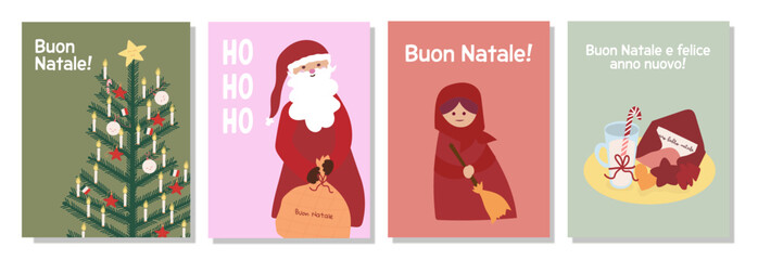 Italian Merry Christmas and Happy New Year greeting card Set with La Befana.