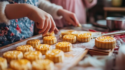 Family makes tasty mooncakes in a cozy kitchen for the Mid-Autumn Festival