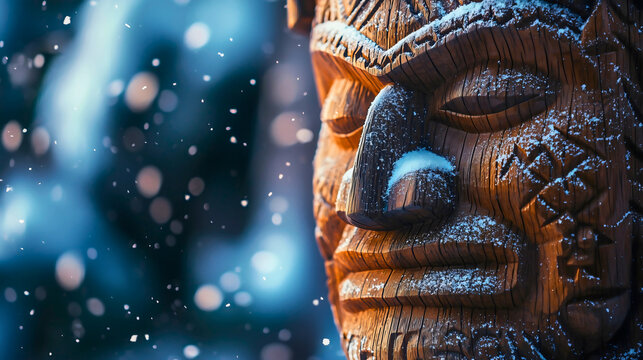 The famous Tiki statue made of pure wood, surrounded by beautiful snow gently falling on it. The statue is crafted in the likeness of a god.