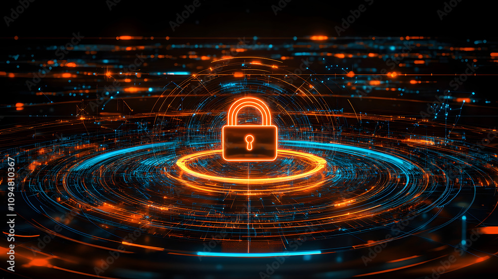 Wall mural digital illustration of cybersecurity network internet system web data centre protection padlock sym