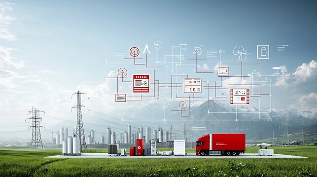 Schematic diagram of an intelligent smart grid system that coordinates renewable energy and storage technologies to ensure reliable and efficient power delivery across the electrical infrastructure
