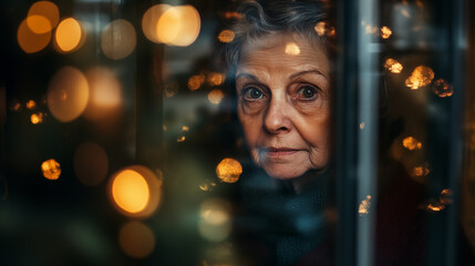 Naklejka premium A lonely elderly woman looks sadly out the window