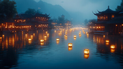 Obraz premium Lanterns illuminate the riverside as buildings reflect on the water at twilight, creating a peaceful and enchanting atmosphere
