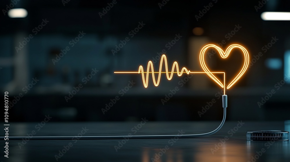 Poster Pulsating Glowing Heart Shape with Vibrant Electrocardiogram Line Floating on Dark Minimalistic Background Symbolizing Health and Vitality