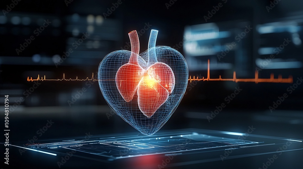 Poster Pulsating Glowing Heart Shape with Vibrant Electrocardiogram Line on Dark Minimalistic Background Symbolizing Health and Vitality