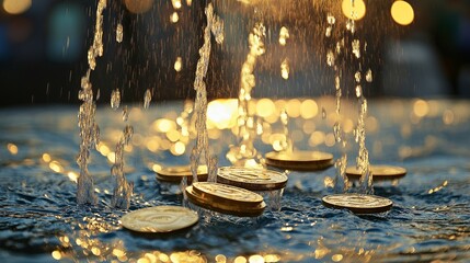 fountain of water turning into gold coins mid-air