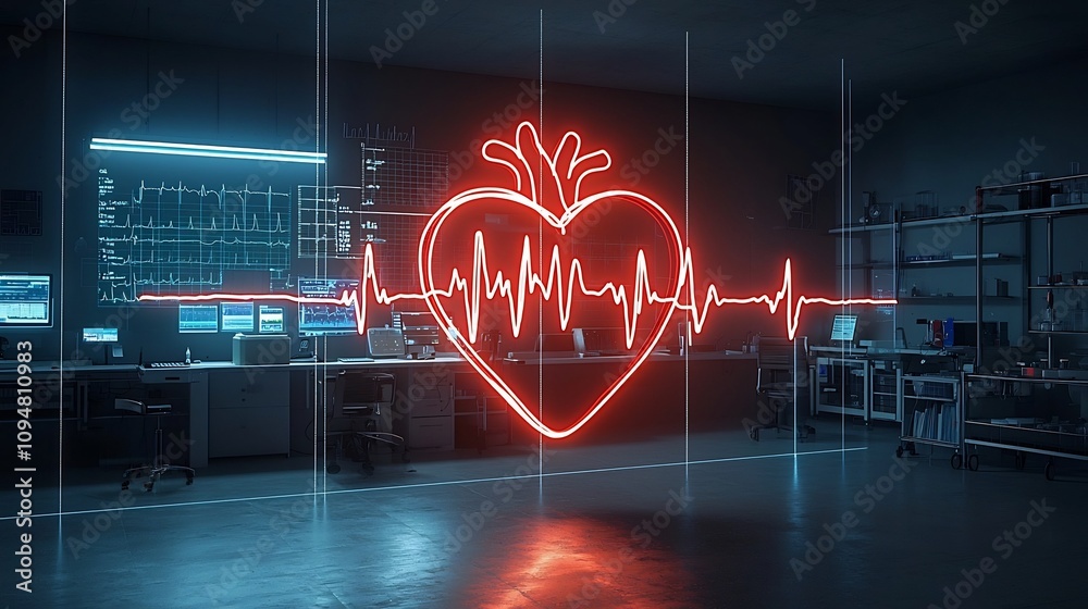Poster luminous glowing heart emitting a soft radiant light with a dynamic pulsing ecg line set against a d