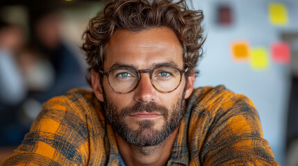 Fototapeta premium A man with curly hair and glasses sits confidently at a cafe, exuding warmth and charm amidst the lively atmosphere of afternoon socialization
