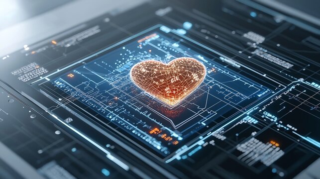 A radiant glowing heart surrounded by a vibrant pulsating electrocardiogram captured in a sleek dark futuristic setting