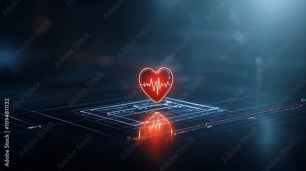 Poster Vivid and dynamic abstract depicting a bright pulsating heart with a glowing electrocardiogram line set against a textured dark background