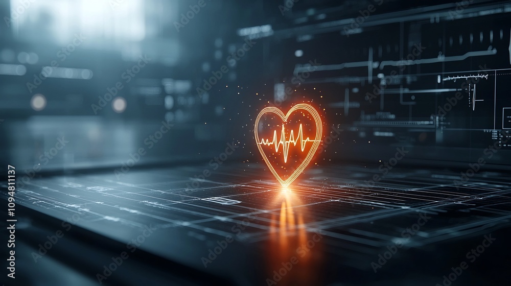 Poster Pulsating heart with a sharp glowing electrocardiogram line centered on a dark textured background symbolizing the resilience and life force of the cardiovascular system