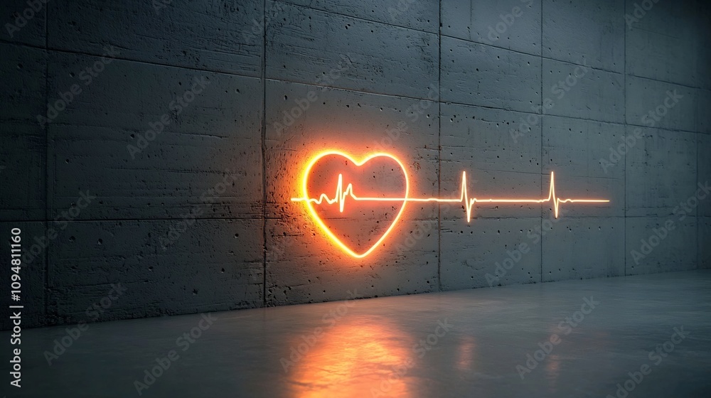 Poster Glowing Pulsating Heart with Vivid Electrocardiogram Rhythm on Textured Dark Background Symbolizing Resilience and Life Force