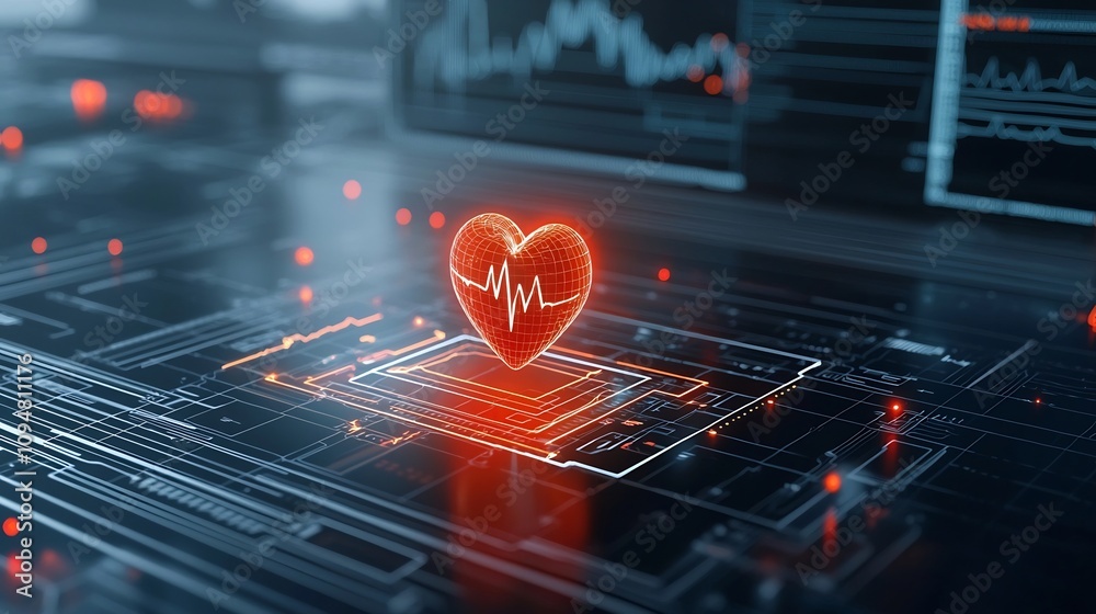 Aufkleber Pulsating glowing heart with sharp electrocardiogram line on a textured dark background symbolizing the resilience and life force of the human body