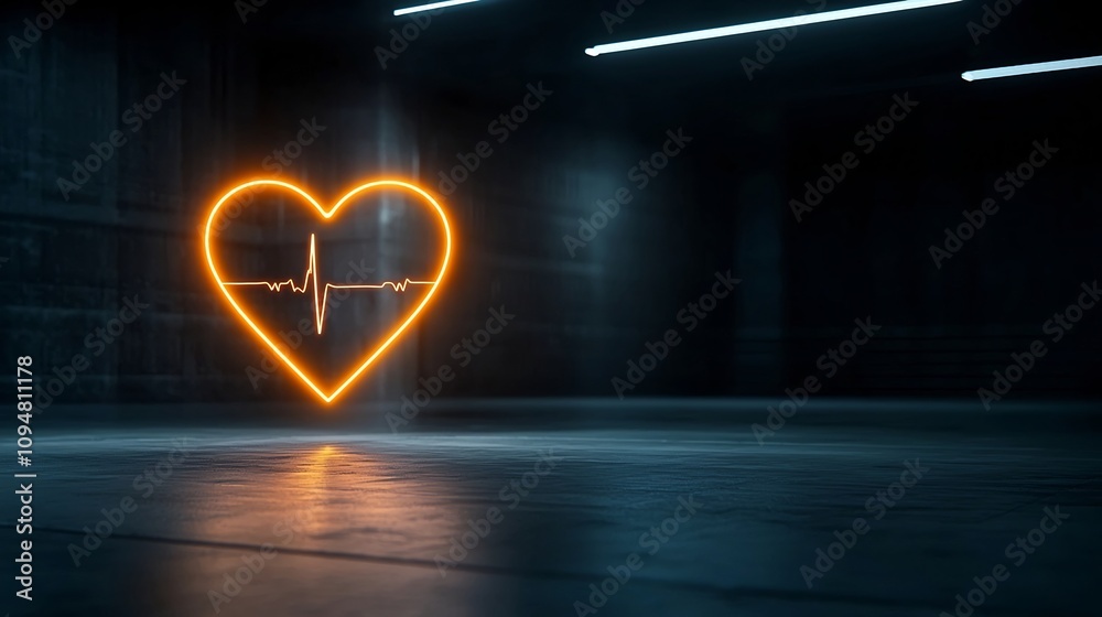 Poster vibrant and powerful glowing heart design with integrated ecg line on a high contrast dark backgroun