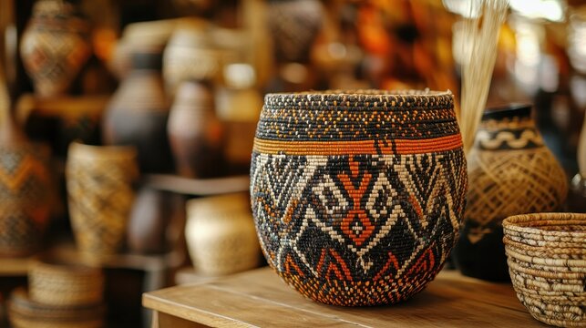 Close-up of a detailed Swazi basket on a wooden table, surrounded by various handmade crafts